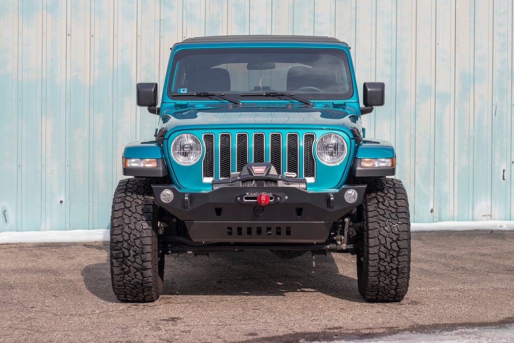 JcrOffroad Crusader mid-width front bumper on a Jeep Wrangler, head-on view
